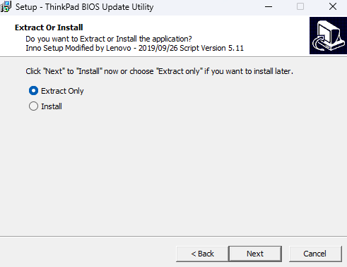 ThinkPad BIOS Update Utilityの画面。Extract OnlyかInstallかを聞かれている